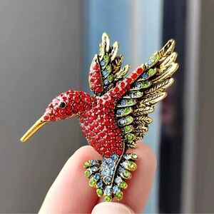 Anthropologie Hummingbird Red Crystal Pin Brooch